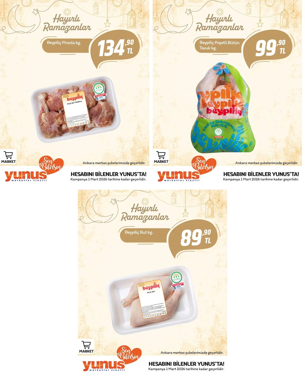 Yunus Yunus Market 25 Şubat 2026 Aktüel Kataloğu sayfa 1: Beypiliç Poşetli Bütün Tavuk Kg., Beypiliç Pirozla Kg.