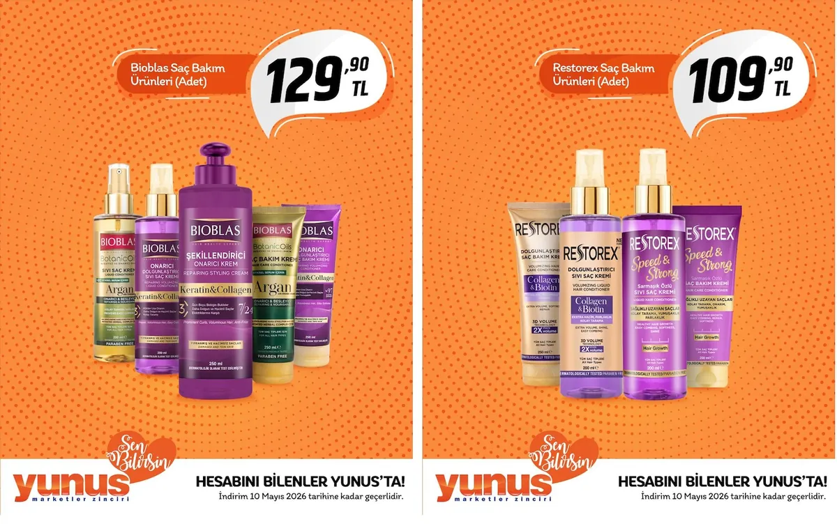 Yunus Yunus Market 22 Nisan 2026 Aktüel Kataloğu sayfa 1: Bioblas Sivi Sac Kremi 200Ml, Restorex Dolgunlastirici Sivi Sac Kremi 200Ml