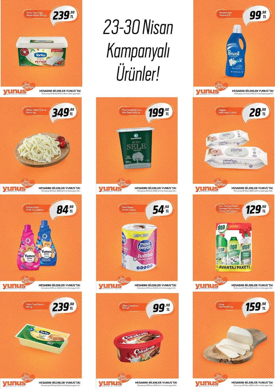 Yunus Yunus Market 23 Nisan 2026 Aktüel Kataloğu sayfa 1: Ortat Köy Peyniri Kg., Mavi Beyaz Jumbo Havlu