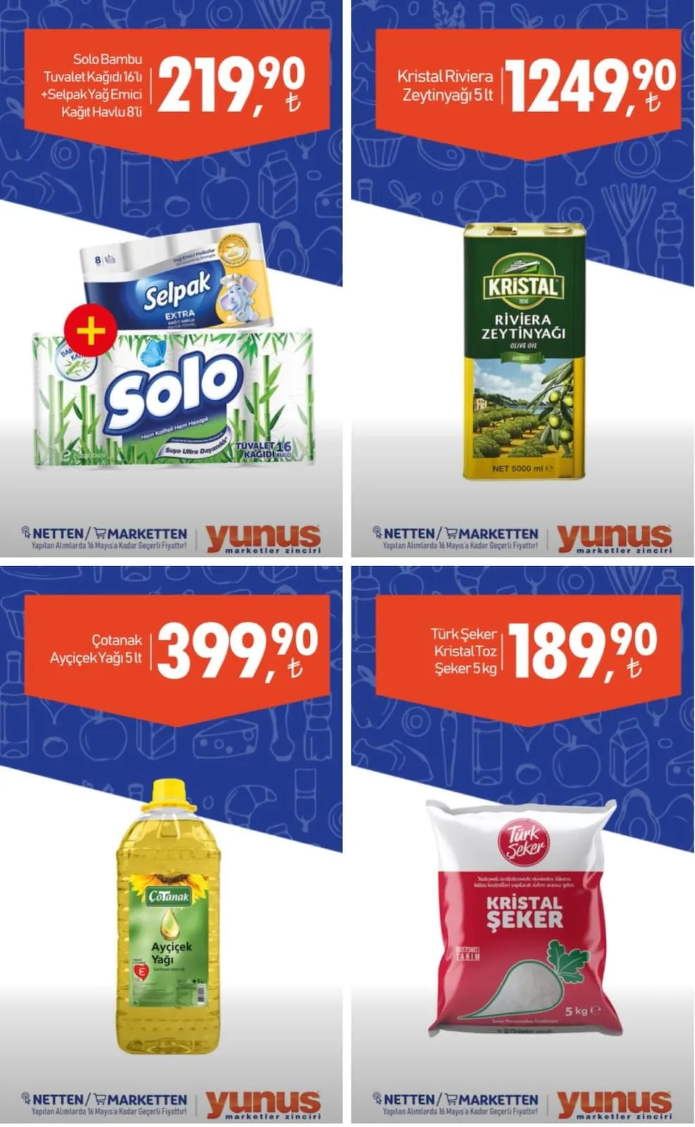 Yunus Yunus Market 8 Mayıs 2026 Aktüel Kataloğu sayfa 1: Solo Bambu Tuvalet Kâğıdı 16'Lı + Selpak Yağ Emici Kağıt Havlu 8'Li, Türk Şeker Kristal Toz Şeker 5 Kg