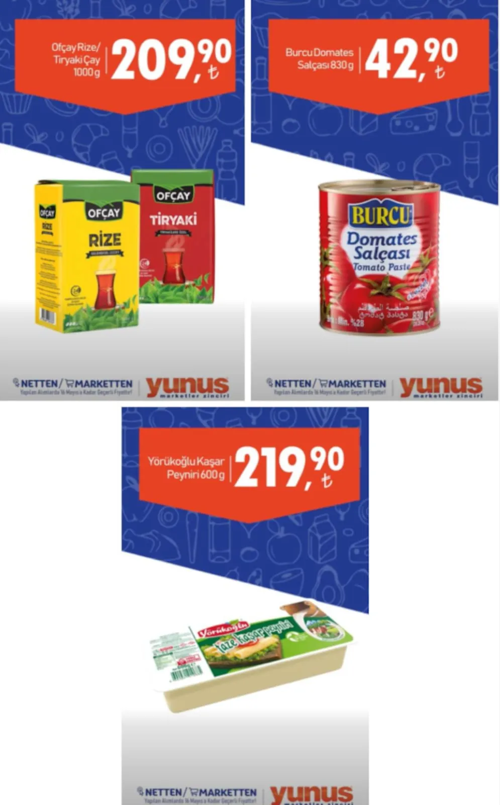 Yunus Yunus Market 8 Mayıs 2026 Aktüel Kataloğu sayfa 2: Ofçay Rize Tiryaki Çay 1000G, Burcu Domates Salçası 830G