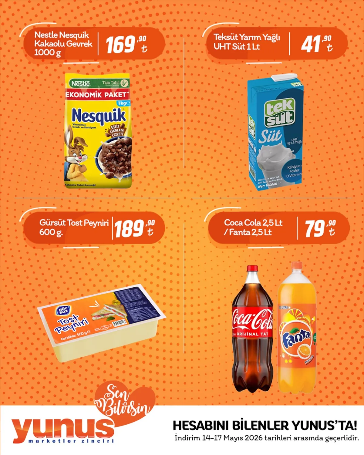 Yunus Yunus Market 14 Mayıs 2026 Aktüel Kataloğu sayfa 2: Teksüt Yarım Yağlı Uht Süt 1 Lt, Nestle Nesquik Kakaolu Gevrek 1000 G