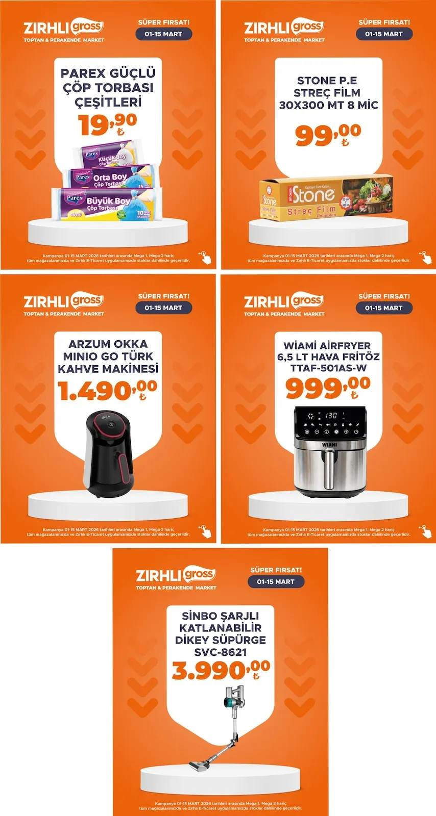Zırhlı Zırhlı Toptan Market 1 Mart 2026 Aktüel Kataloğu sayfa 5: Sinbo Şarjli Katlanabilir Dikey Süpürge Svc-8621, Stone P.E Streç Film 30X300 Mt 8 Mic