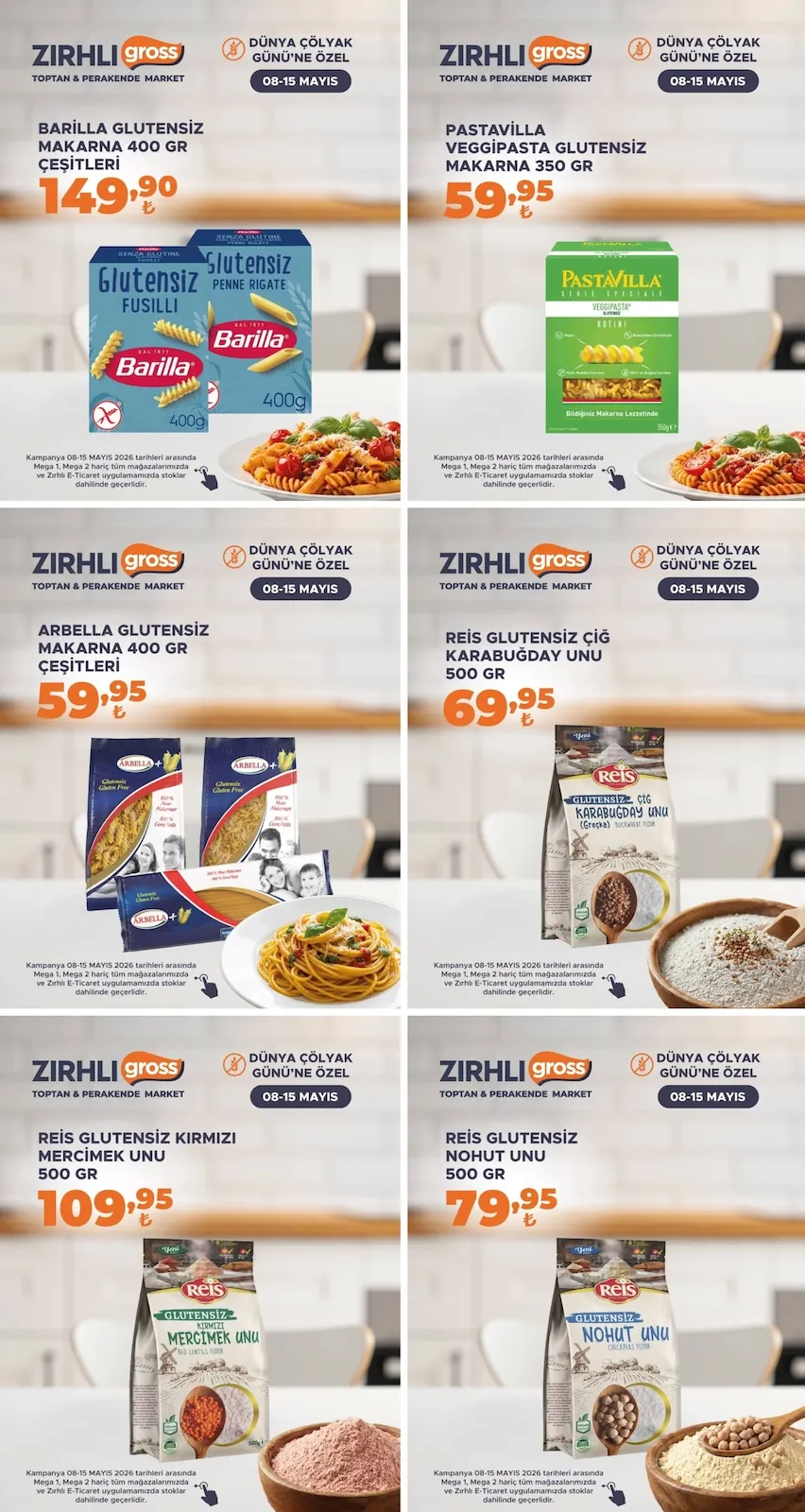 Zırhlı Zırhlı Toptan Market 8 Mayıs 2026 Aktüel Kataloğu sayfa 1: Reis Glutensiz Çiğ Karabuğday Unu 500 Gr, Pastavilla Veggipasta Glutensiz Makarna 350 Gr