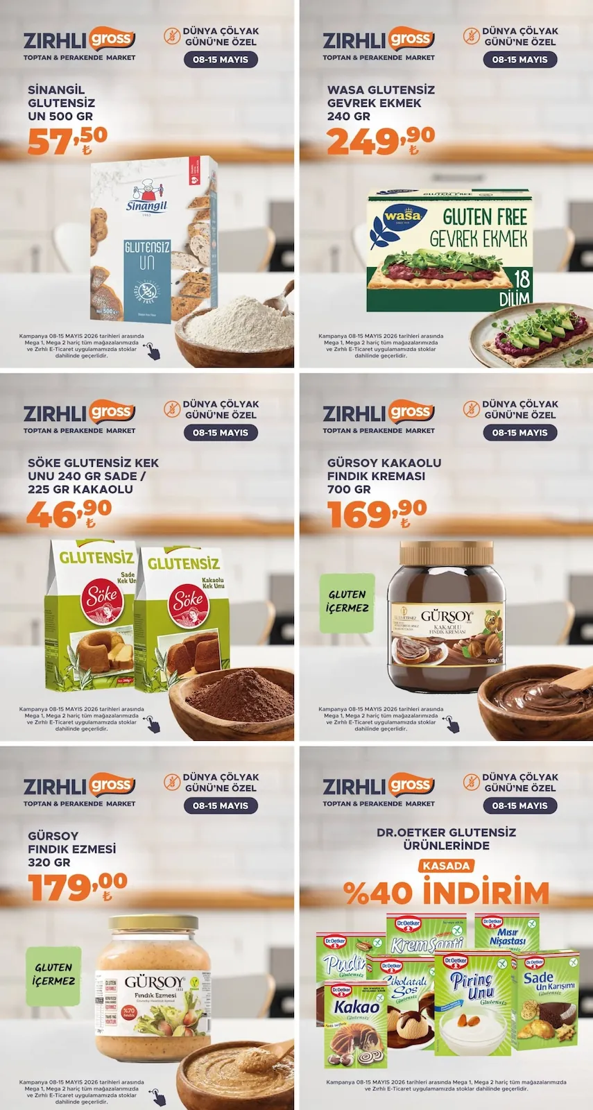 Zırhlı Zırhlı Toptan Market 8 Mayıs 2026 Aktüel Kataloğu sayfa 2: Sinangil Glutensiz Un 500 Gr, Gürsoy Fındık Ezmesi 320 Gr