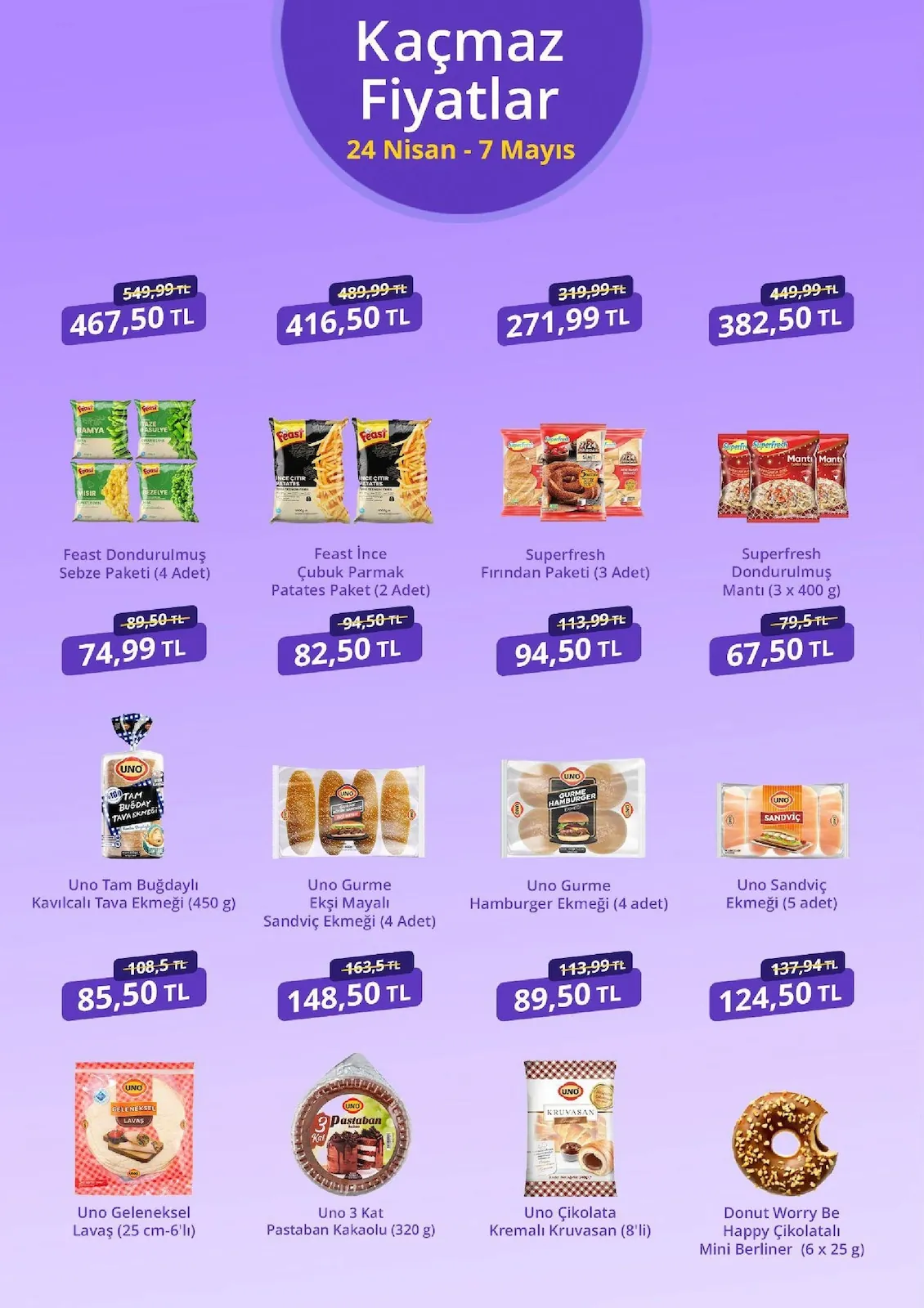 getirbüyük getirbüyük 24 Nisan 2026 Aktüel Kataloğu sayfa 3: Uno Gurme Hamburger Ekmeği (4 Adet), Uno Tam Buğdaylı Kavılcali Tava Ekmeği (450G)