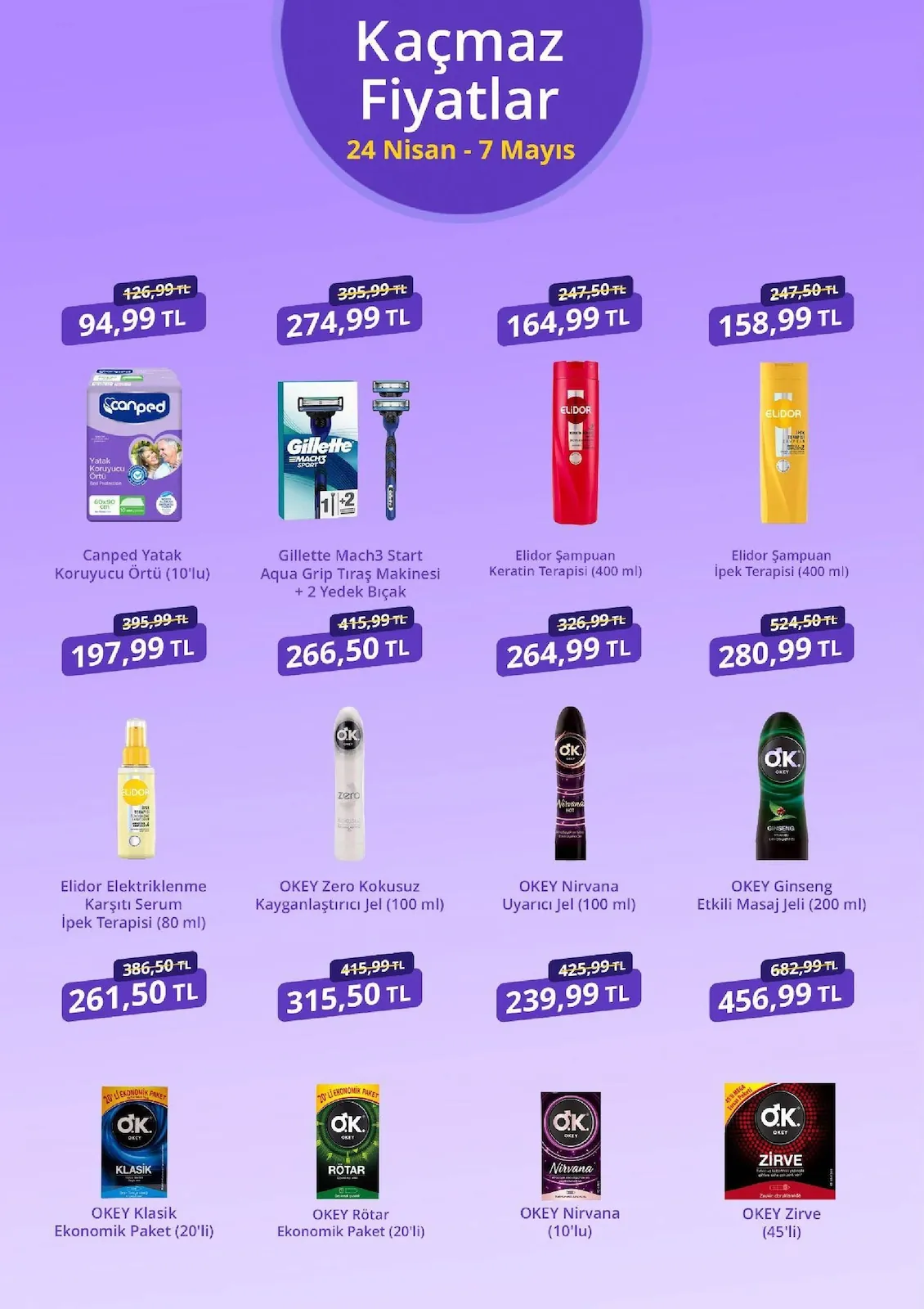 getirbüyük getirbüyük 24 Nisan 2026 Aktüel Kataloğu sayfa 5: Okey Zero Kokusuz Kayganlaştırıcı Jel (100 Ml), Elidor Elektriklenme Karşıtı Serum İpek Terapisi (80 Ml)