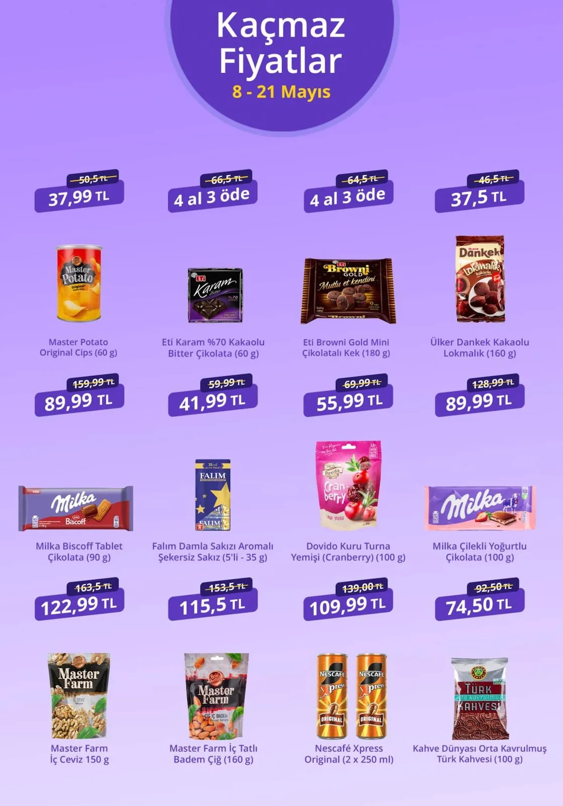 getirbüyük getirbüyük 8 Mayıs 2026 Aktüel Kataloğu sayfa 4: Eti Browni Gold Mini Çikolatalı Kek (180 G), Dovido Kuru Turna Yemişi (Cranberry) (100 G)