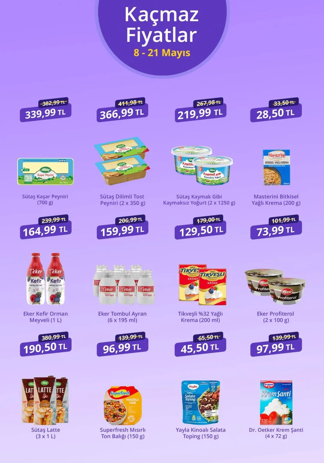 getirbüyük getirbüyük 8 Mayıs 2026 Aktüel Kataloğu sayfa 9: Sütaș Kaymak Gibi Kaymaksız Yoğurt (2 X 1250 G), Tıkveșlı %32 Yağlı Krema (200 Ml)