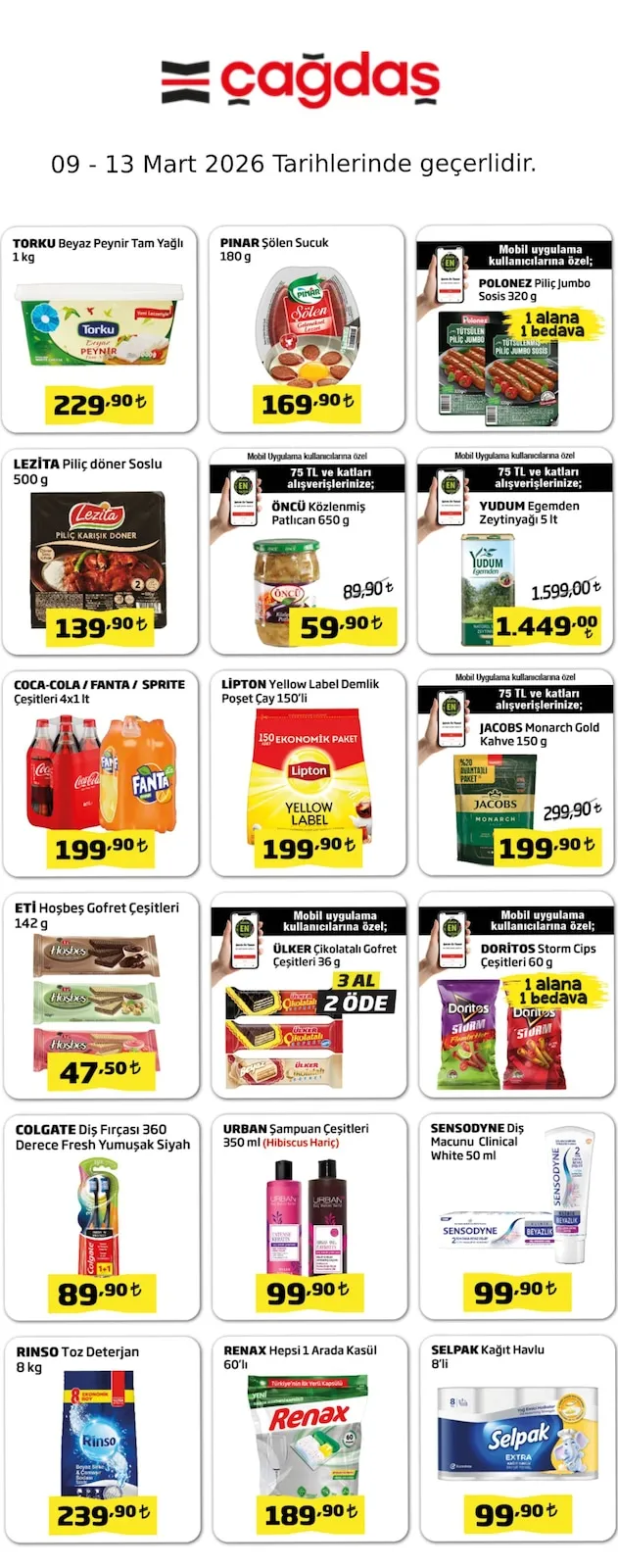 Çağdaş Çağdaş Market 9 Mart 2026 Aktüel Kataloğu sayfa 1: Colgate Diş Fırçası 360 Derece Fresh Yumuşak Siyah, Yudum Egemden Zeytinyağı 5 Lt
