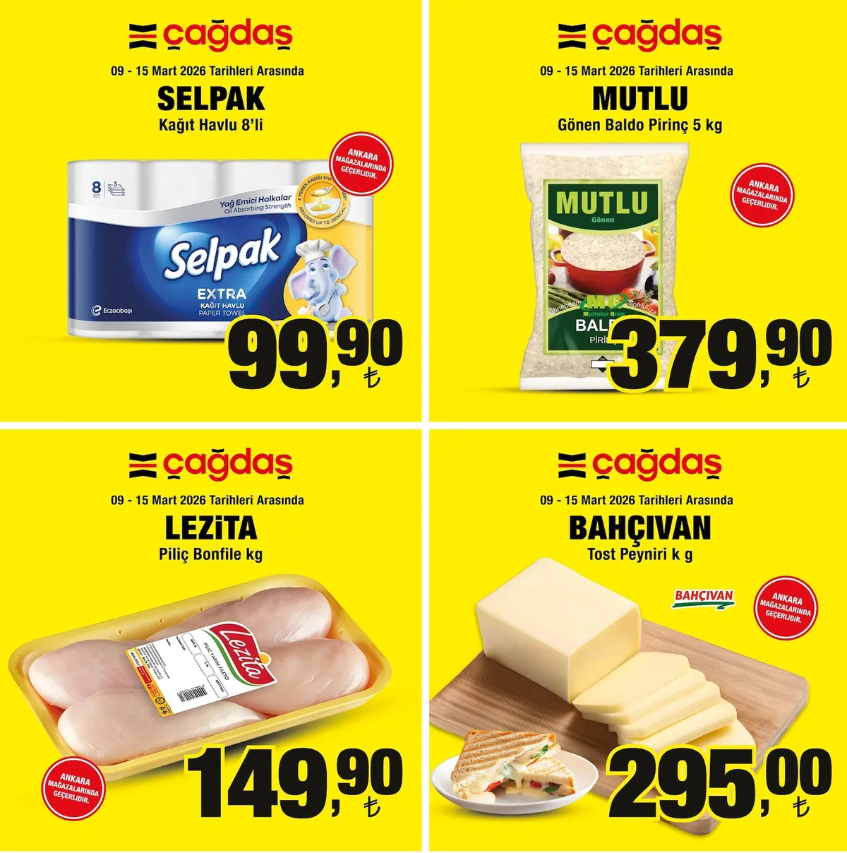 Çağdaş Çağdaş Market 9 Mart 2026 Aktüel Kataloğu sayfa 1: Mutlu Gönen Baldo Pirinç 5 Kg, Lezita Piliç Bonfile Kg
