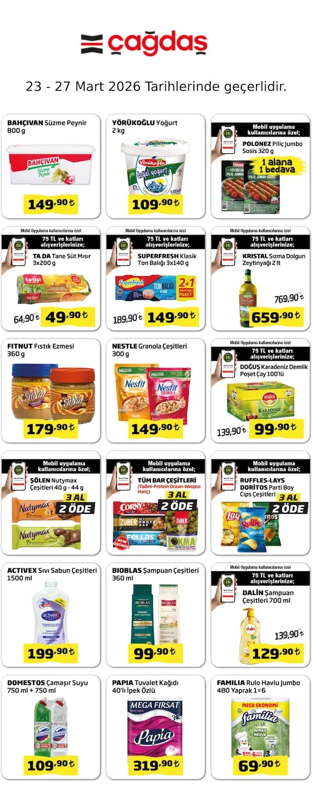 Çağdaş Çağdaş Market 23 Mart 2026 Aktüel Kataloğu sayfa 1: Activex Sıvı Sabun Çeşitleri 1500 Ml, Dalin Şampuan Çeşitleri 700 Ml