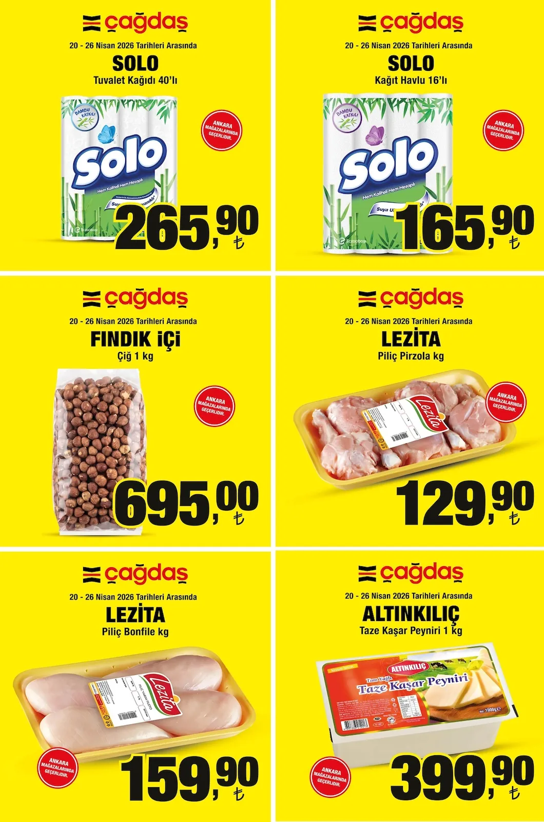 Çağdaş Çağdaş Market 20 Nisan 2026 Aktüel Kataloğu sayfa 1: Altinkilic Taze Kaşar Peyniri 1 Kg, Çiğ Fındık 1 Kg