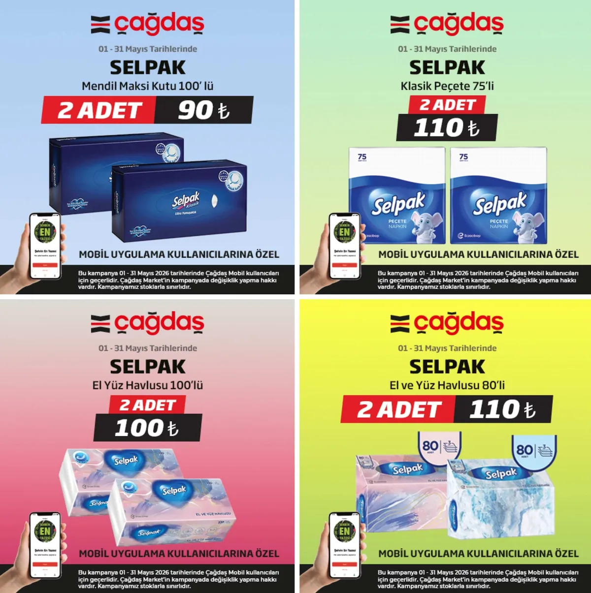 Çağdaş Çağdaş Market 1 Mayıs 2026 Aktüel Kataloğu sayfa 2: Selpak El Yüz Havlusu 100'Lü, Selpak Mendil Maksi Kutu 100'Lü