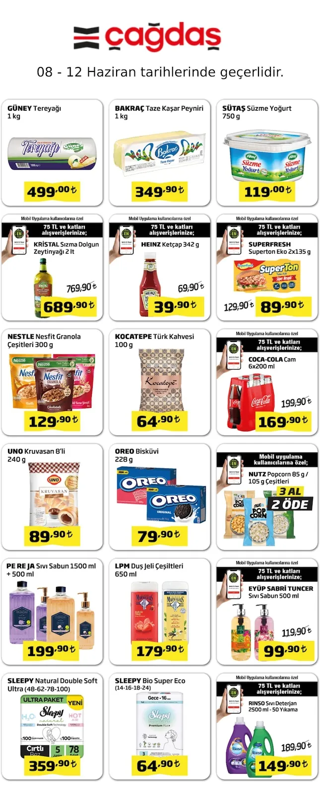 Çağdaş Çağdaş Market 8 Haziran 2026 Aktüel Kataloğu sayfa 1: Sütaş Süzme Yoğurt 750G, Uno Kruvasan 8'Li 240G