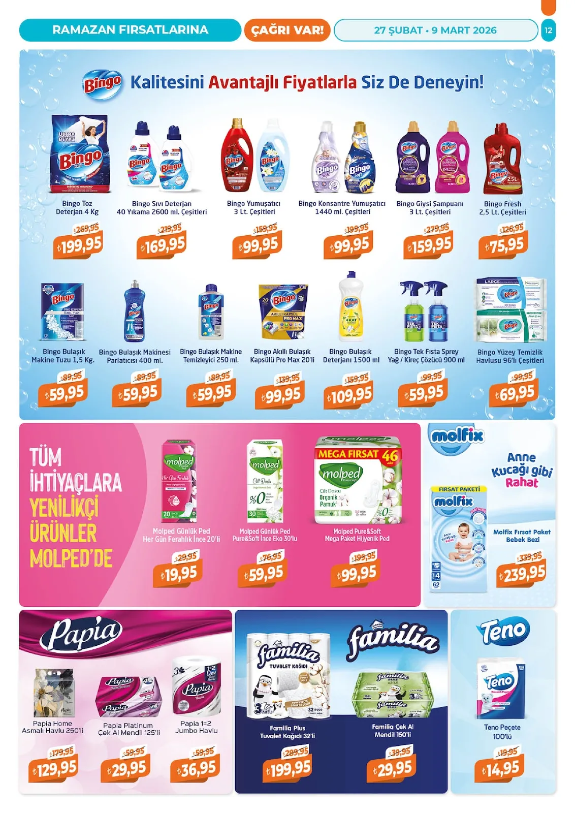 Çağrı Çağrı Market 27 Şubat 2026 Aktüel Kataloğu sayfa 12: Molped Pure&Soft Mega Paket Hijyenik Ped, Bingo Akıllı Bulaşık Kapsülü Pro Max 20'Li