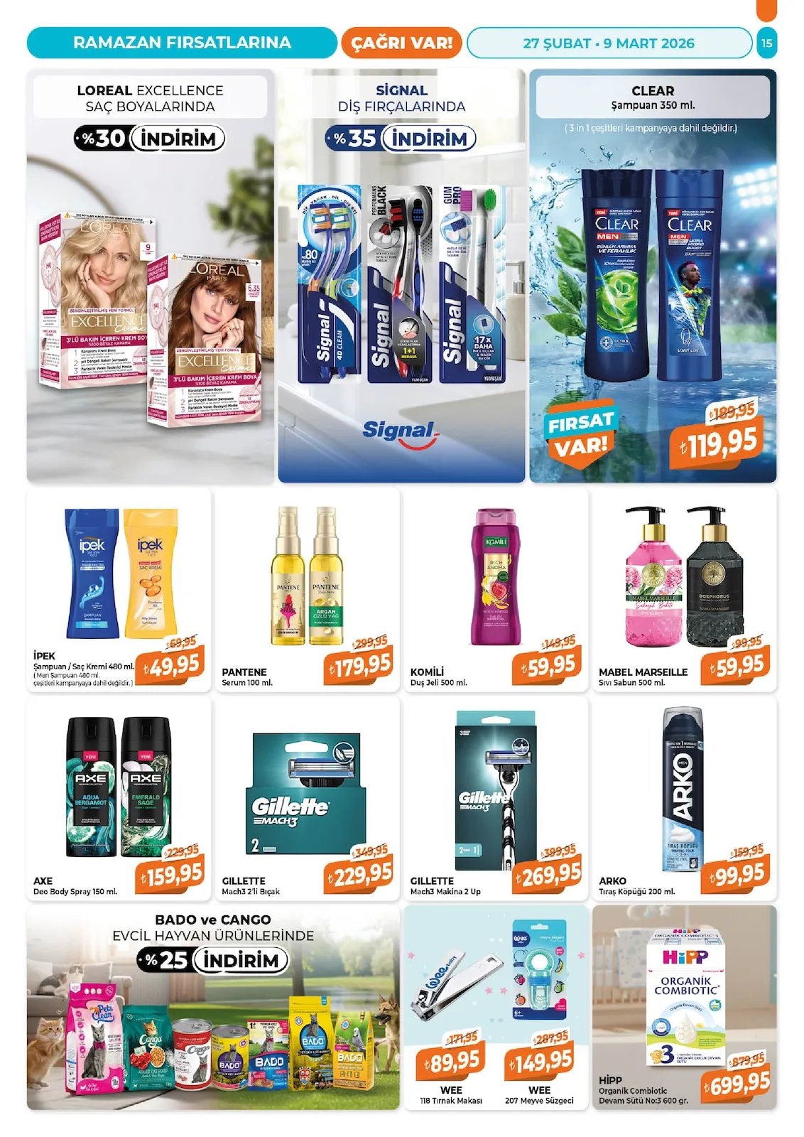 Çağrı Çağrı Market 27 Şubat 2026 Aktüel Kataloğu sayfa 15: Gillette Mach3 Makina 2 Up, Komili Duş Jeli 500 Ml.