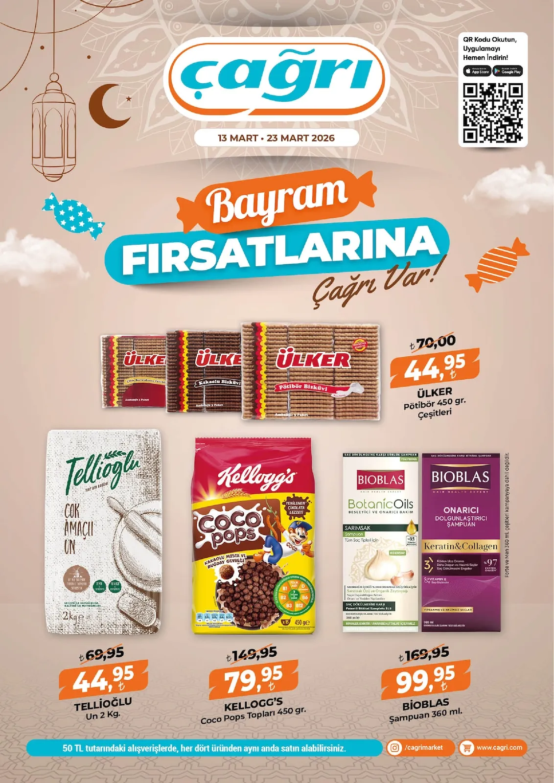 Çağrı Çağrı Market 13 Mart 2026 Aktüel Kataloğu sayfa 1: Tellioğlu Çok Amaçlı Un 2 Kg, Kellogg'S Coco Pops Topları 450 Gr