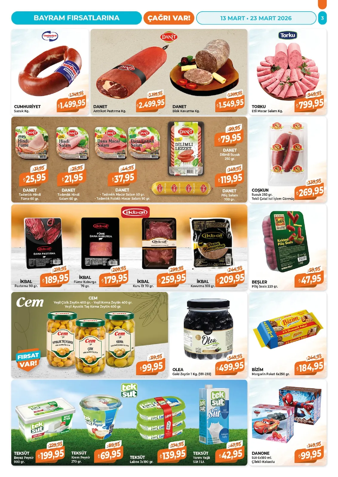 Çağrı Çağrı Market 13 Mart 2026 Aktüel Kataloğu sayfa 3: Olea Gold Zeytin 1 Kg. (181-230), Beşler Piliç Sosis 220 Gr.