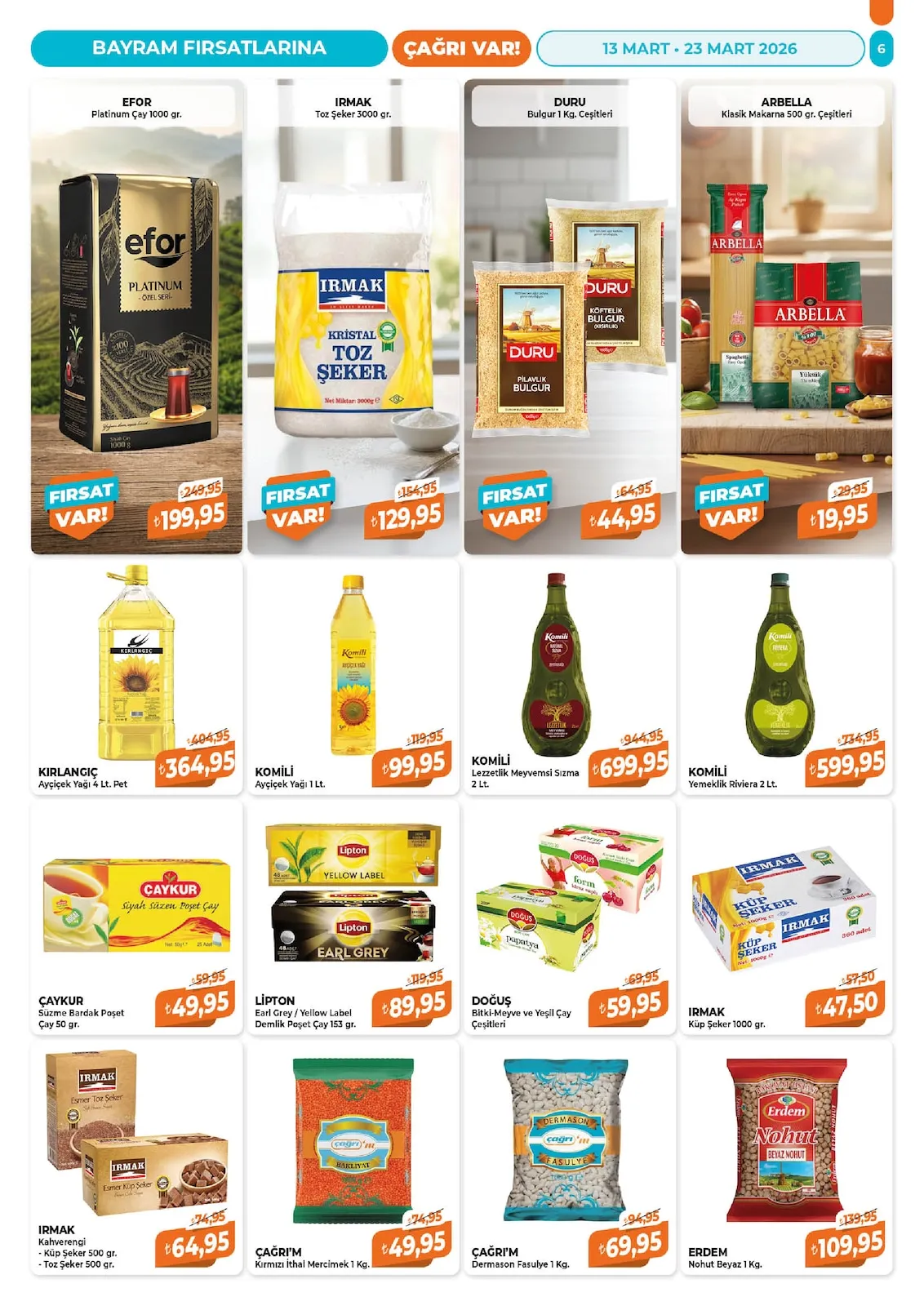 Çağrı Çağrı Market 13 Mart 2026 Aktüel Kataloğu sayfa 6: Kırlangıç Ayçiçek Yağı 4 Lt. Pet, Doğuş Bitki-Meyve Ve Yeşil Çay Çeşitleri