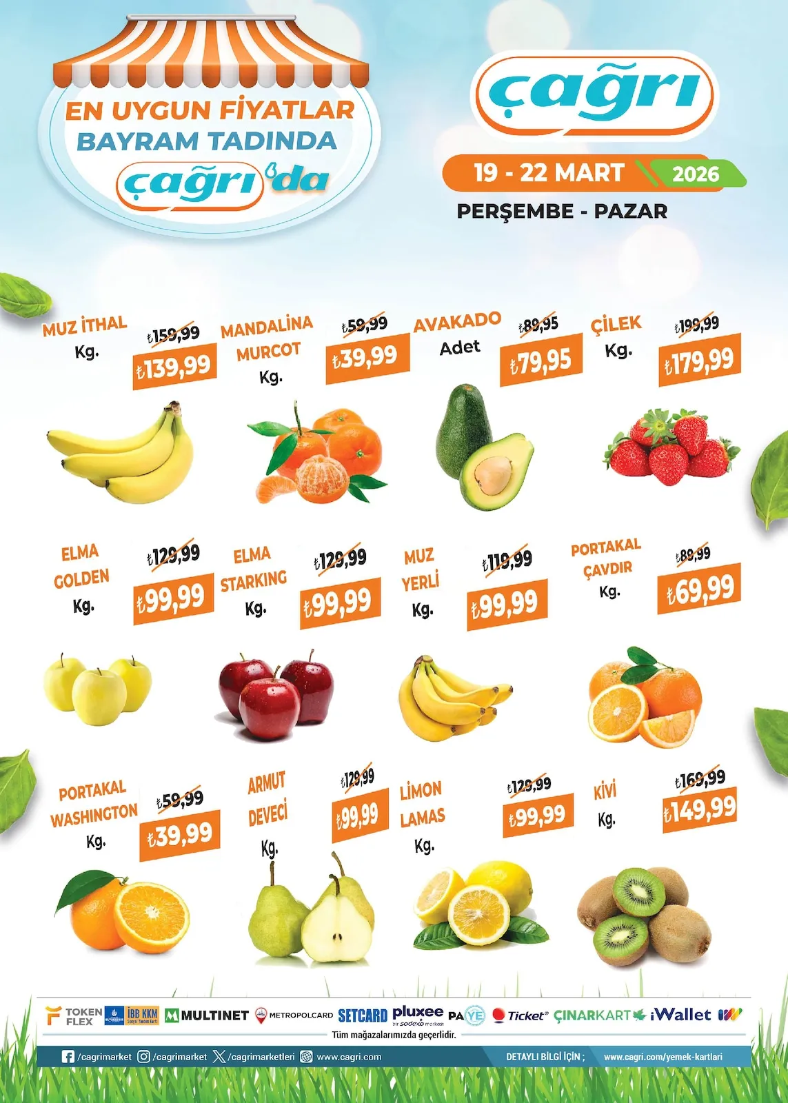 Çağrı Çağrı Market 19 Mart 2026 Aktüel Kataloğu sayfa 1: Portakal Washington Kg, Muz Yerli Kg