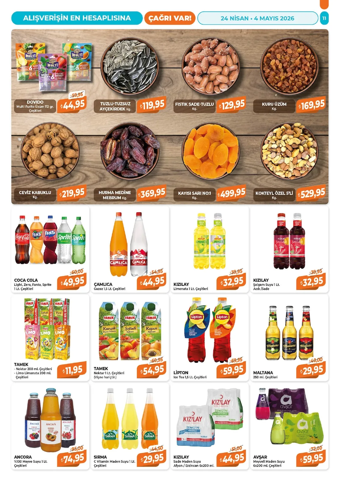 Çağrı Çağrı Market 24 Nisan 2026 Aktüel Kataloğu sayfa 11: Kizilay Salgam Suyu 1 Lt. Acili / Sade, Tamek Nektar 200 Ml. Cesitleri - Limo Limonata 200 Ml. Cesitleri