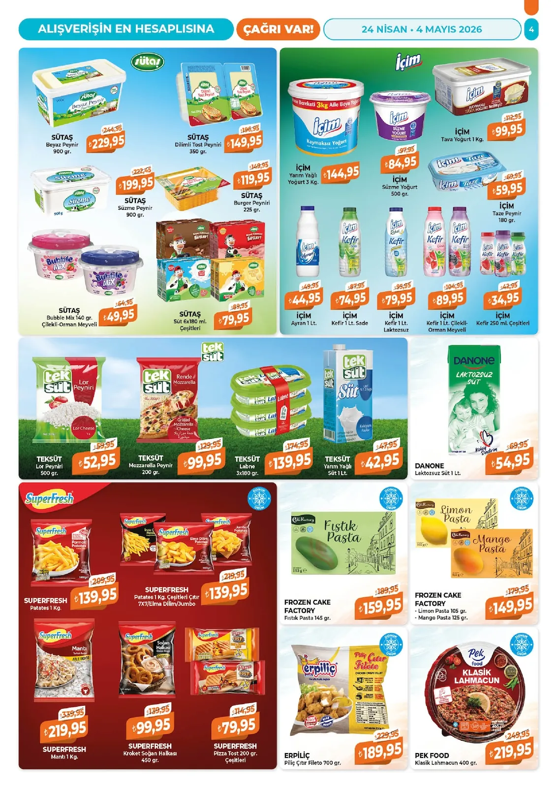 Çağrı Çağrı Market 24 Nisan 2026 Aktüel Kataloğu sayfa 4: Danone Laktozsuz Süt 1 Lt., Pek Food Klasik Lahmacun 400 Gr.