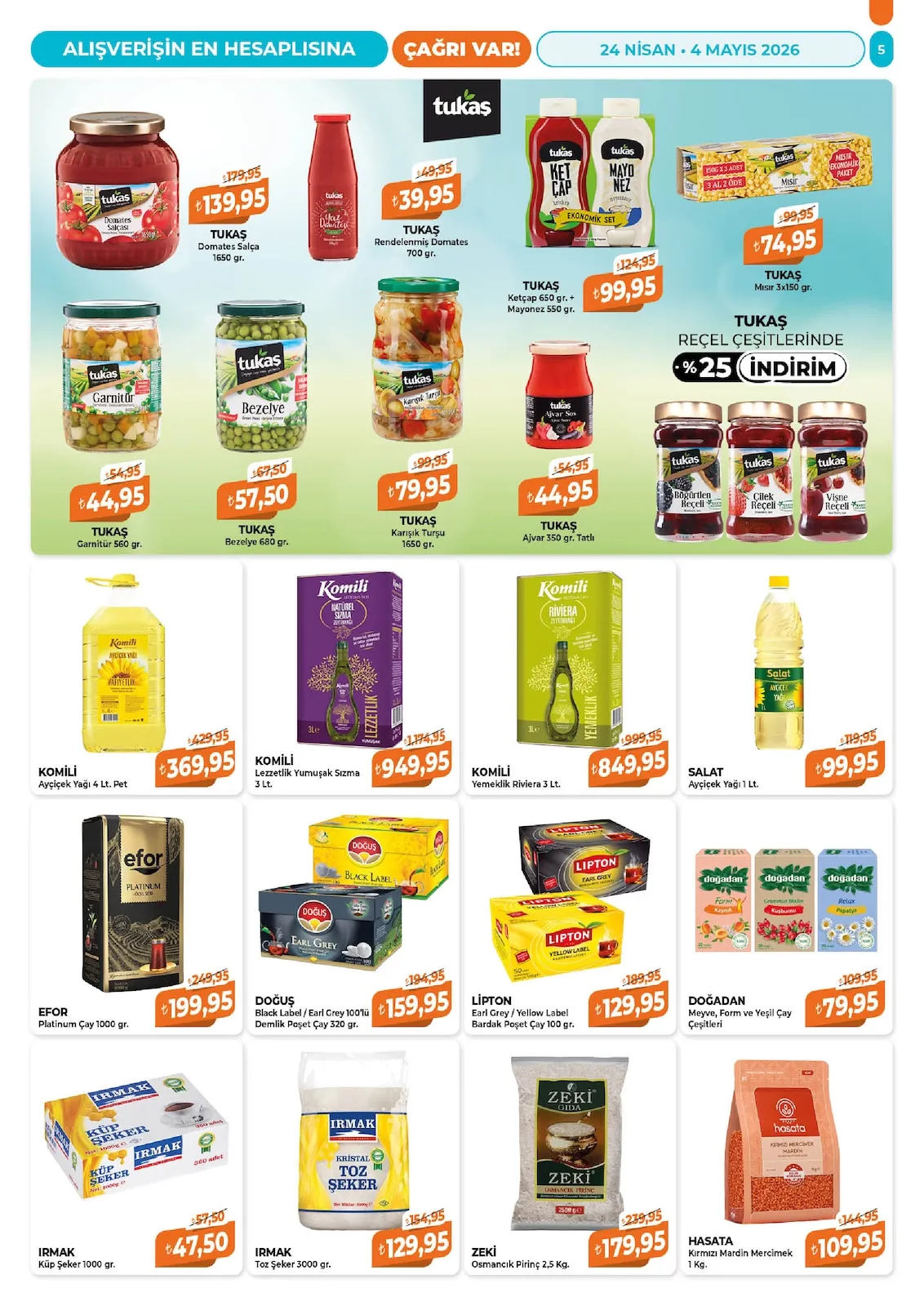 Çağrı Çağrı Market 24 Nisan 2026 Aktüel Kataloğu sayfa 5: Komili Yemeklik Riviera 3 Lt., Lipton Earl Grey / Yellow Label Bardak Poşet Çay 100 Gr.