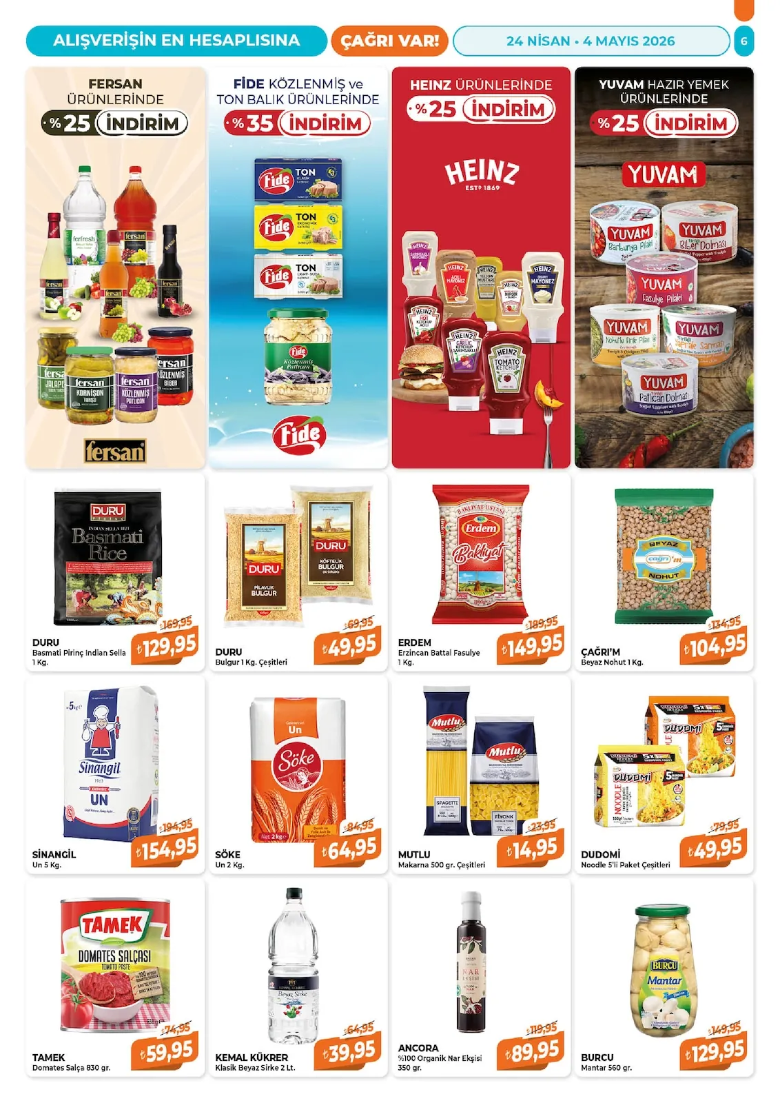 Çağrı Çağrı Market 24 Nisan 2026 Aktüel Kataloğu sayfa 6: Erdem Erzincan Battal Fasulye 1 Kg, Çağri'M Beyaz Nohut 1 Kg