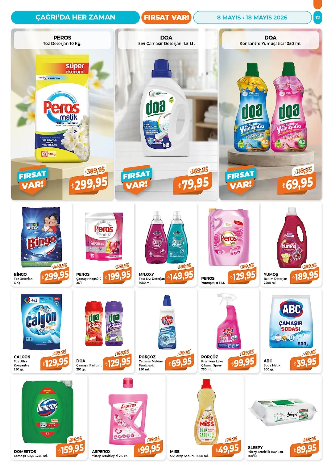 Çağrı Çağrı Market 8 Mayıs 2026 Aktüel Kataloğu sayfa 12: Peros Soft Yumuşatıcı 5 Lt, Mr.Oxy Fast Sıvı Deterjan 1480 Ml