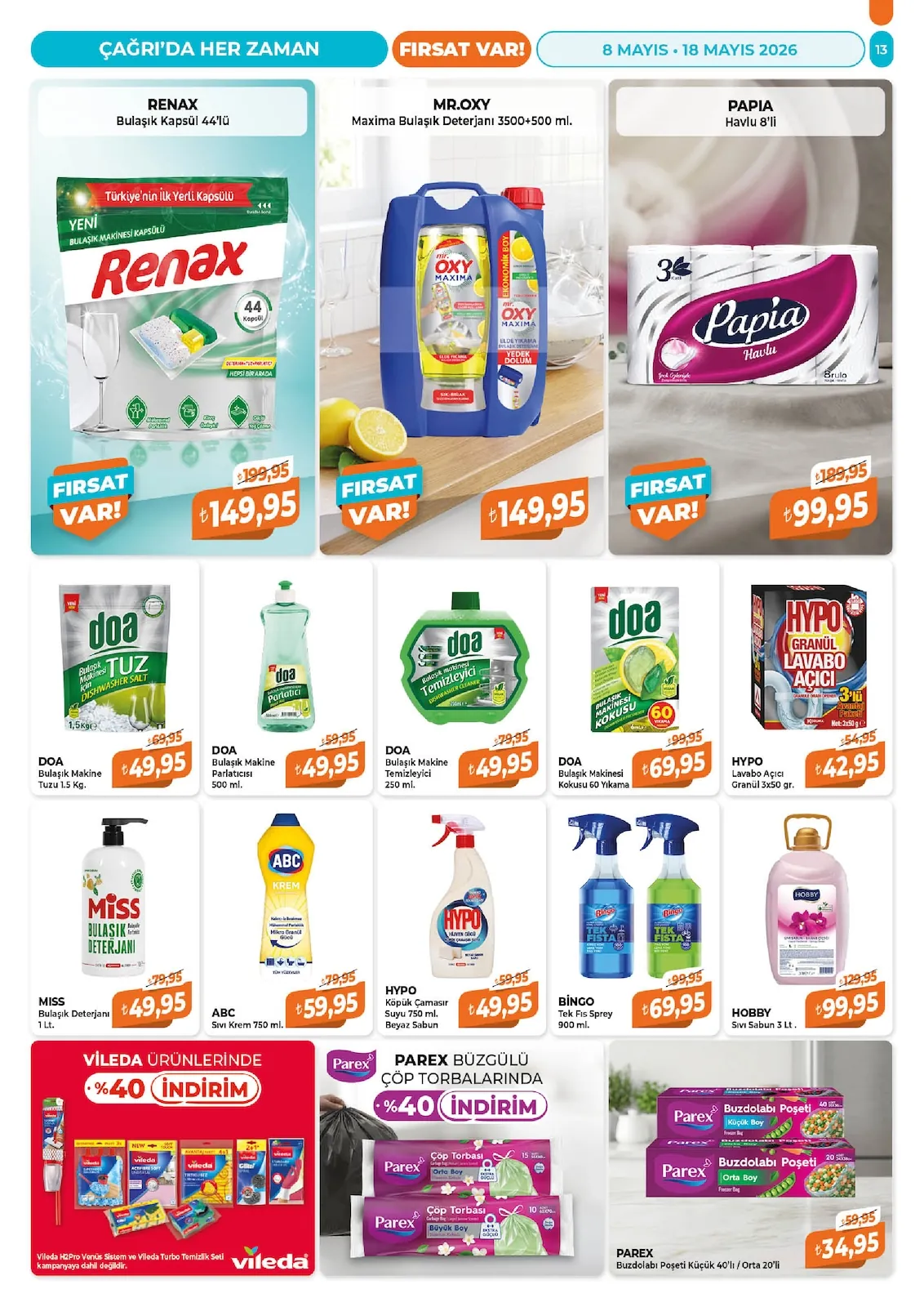 Çağrı Çağrı Market 8 Mayıs 2026 Aktüel Kataloğu sayfa 13: Abc Sıvı Krem 750 Ml., Doa Bulaşık Makinesi Parlatıcı 500 Ml.