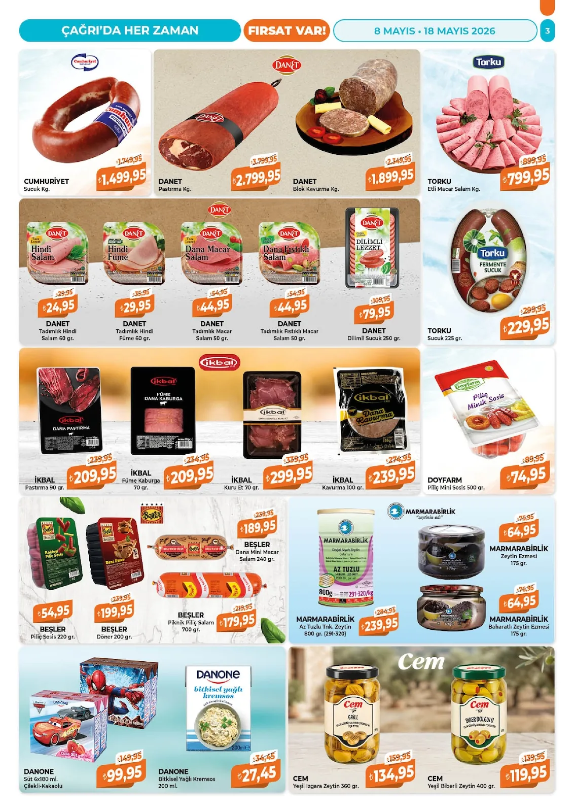 Çağrı Çağrı Market 8 Mayıs 2026 Aktüel Kataloğu sayfa 3: Doyfarm Piliç Mini Sosis 500 Gr., Torku Etli Macar Salam Kg.