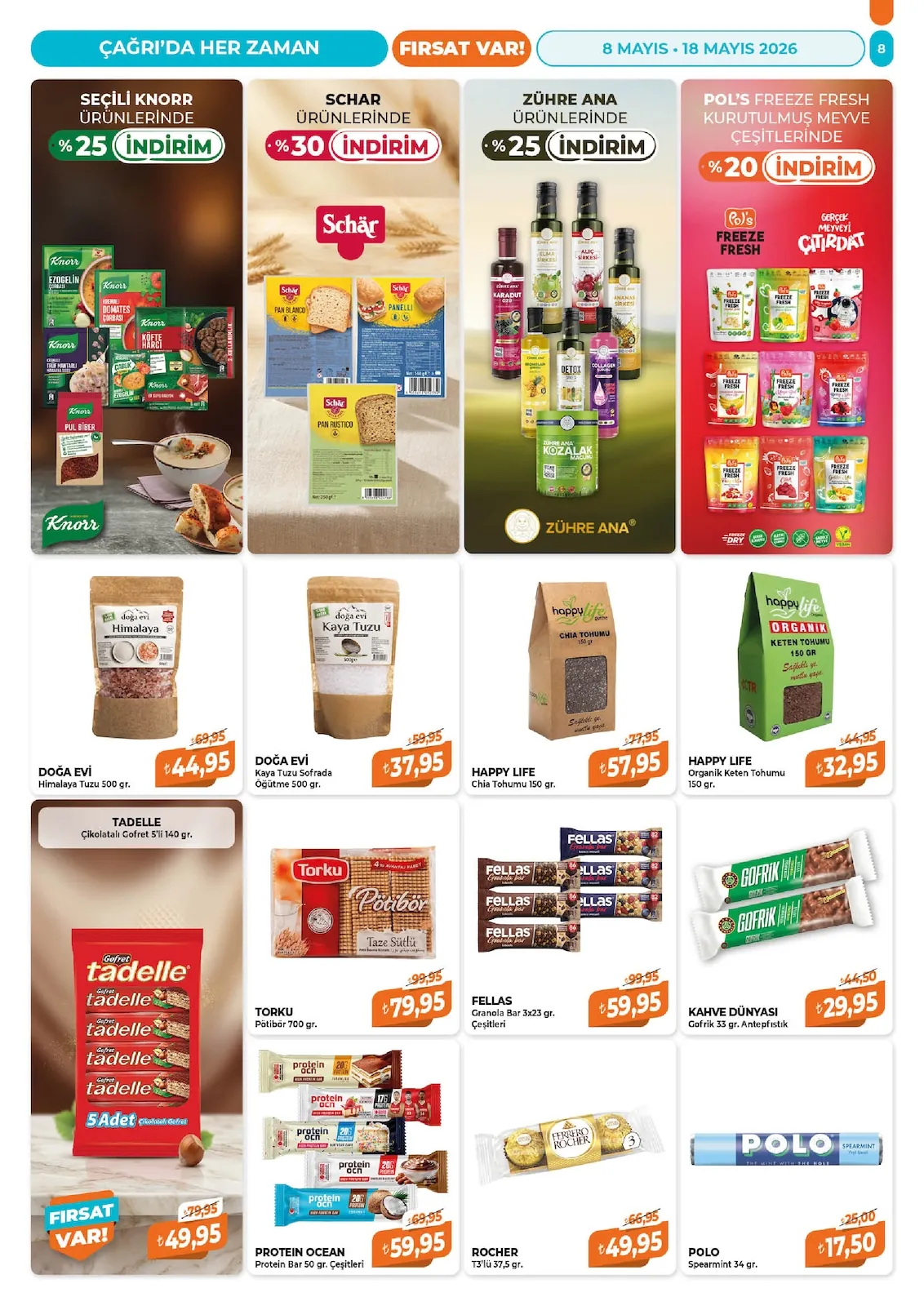 Çağrı Çağrı Market 8 Mayıs 2026 Aktüel Kataloğu sayfa 8: Happy Life Organik Keten Tohumu 150 Gr, Doğa Evi Kaya Tuzu Öğütme 500 Gr