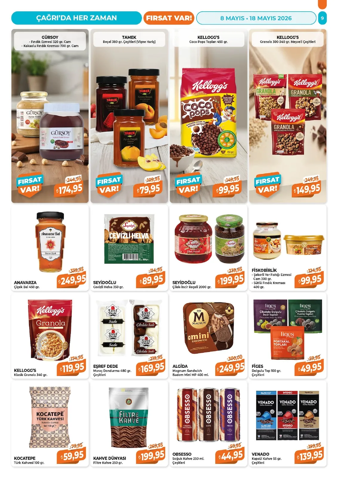 Çağrı Çağrı Market 8 Mayıs 2026 Aktüel Kataloğu sayfa 9: Magnum Sandwich Badem Mini Mp 400 Ml, Anavarza Çiçek Bal 450 Gr
