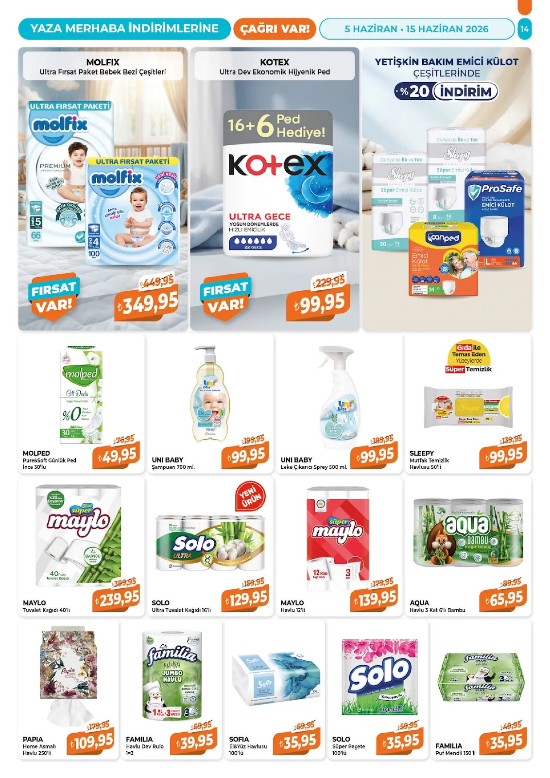 Çağrı Çağrı Market 5 Haziran 2026 Aktüel Kataloğu sayfa 14: Maylo Havlu 12'Li, Molped Pure&Soft Günlük Ped İnce 30'Lu