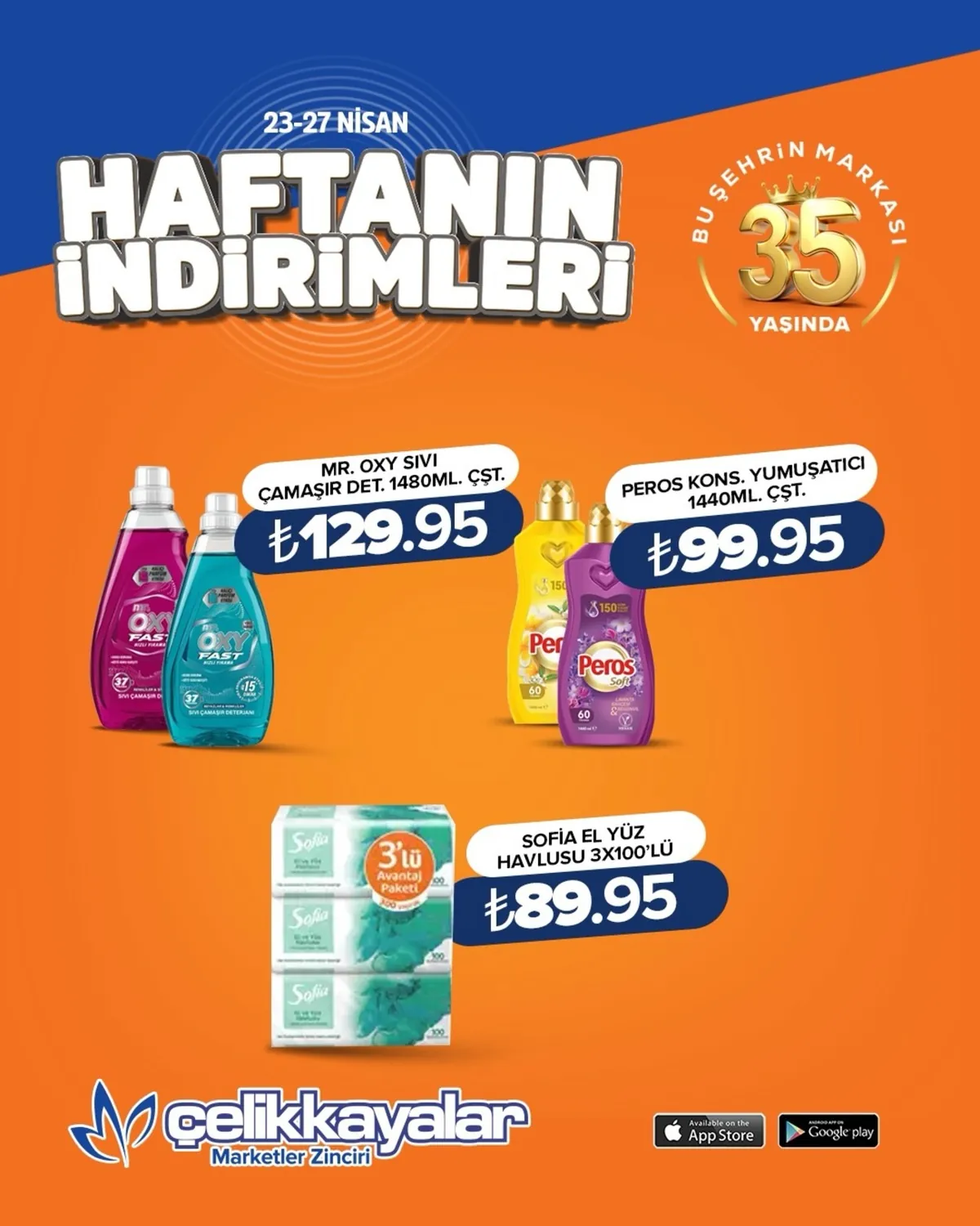 Celikkayalar Çelikkayalar 23 Nisan 2026 Aktüel Kataloğu sayfa 8: Mr. Oxy Sıvı Çamaşır Deterjanı 1480Ml, Peros Konsantre Yumuşatıcı 1440Ml