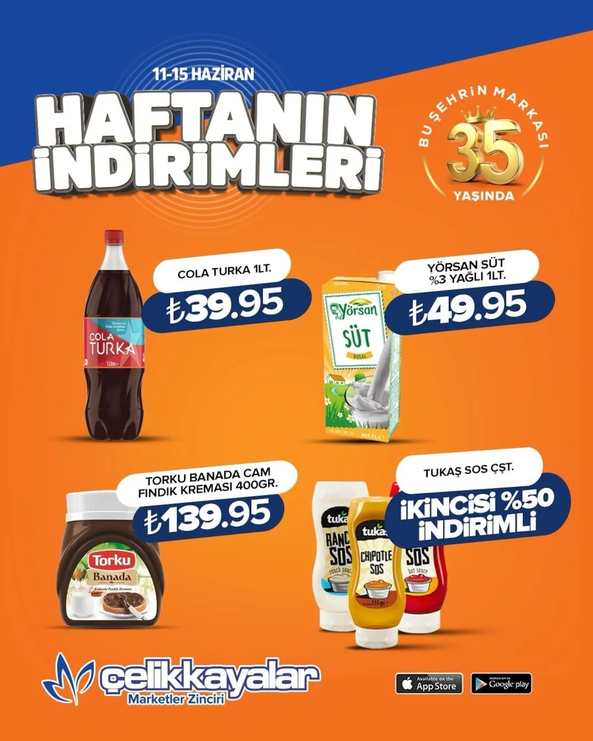Celikkayalar Çelikkayalar 11 Haziran 2026 Aktüel Kataloğu sayfa 2: Cola Turka 1Lt, Yörsan Süt %3 Yağlı 1Lt