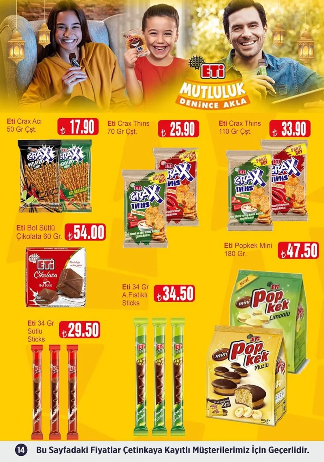 Çetinkaya Çetinkaya 15 Mart 2026 Aktüel Kataloğu sayfa 14: Eti Bol Sütlü Çikolata 60 Gr, Eti 34 Gr Sütlü Sticks