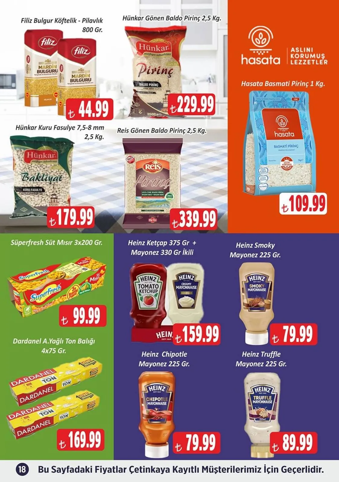 Çetinkaya Çetinkaya 15 Mart 2026 Aktüel Kataloğu sayfa 18: Hasata Basmati Pirinç 1 Kg., Süperfresh Süt Mısır 3X200 Gr.