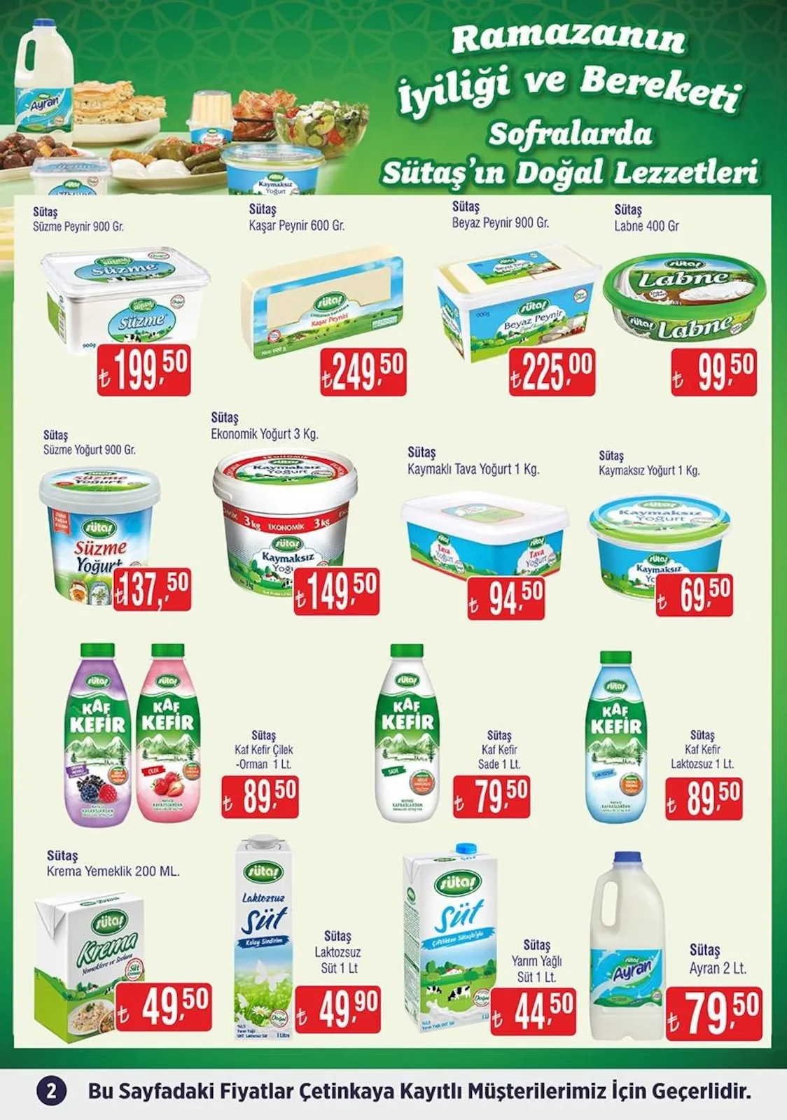 Çetinkaya Çetinkaya 15 Mart 2026 Aktüel Kataloğu sayfa 2: Sütaş Kaymaklı Tava Yoğurt 1 Kg, Sütaş Ekonomik Yoğurt 3 Kg
