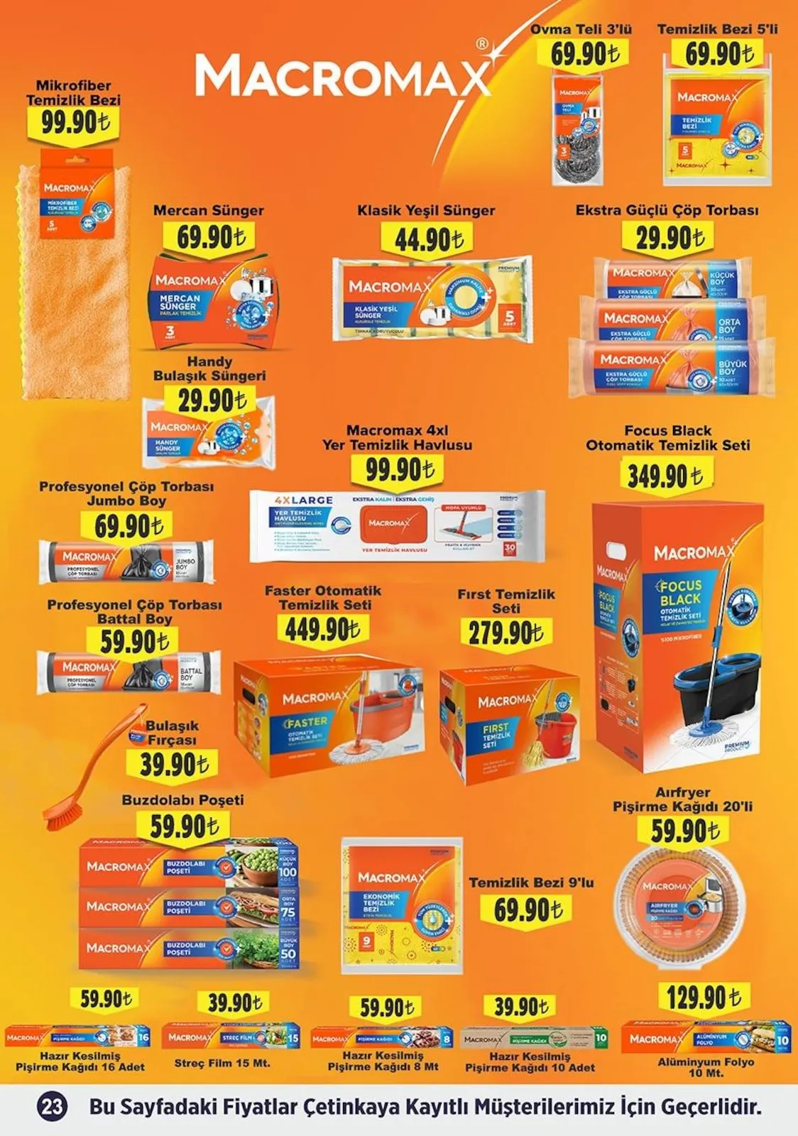 Çetinkaya Çetinkaya 15 Mart 2026 Aktüel Kataloğu sayfa 23: Macromax Temizlik Bezi 5'Li, Macromax Klasik Yeşil Sünger