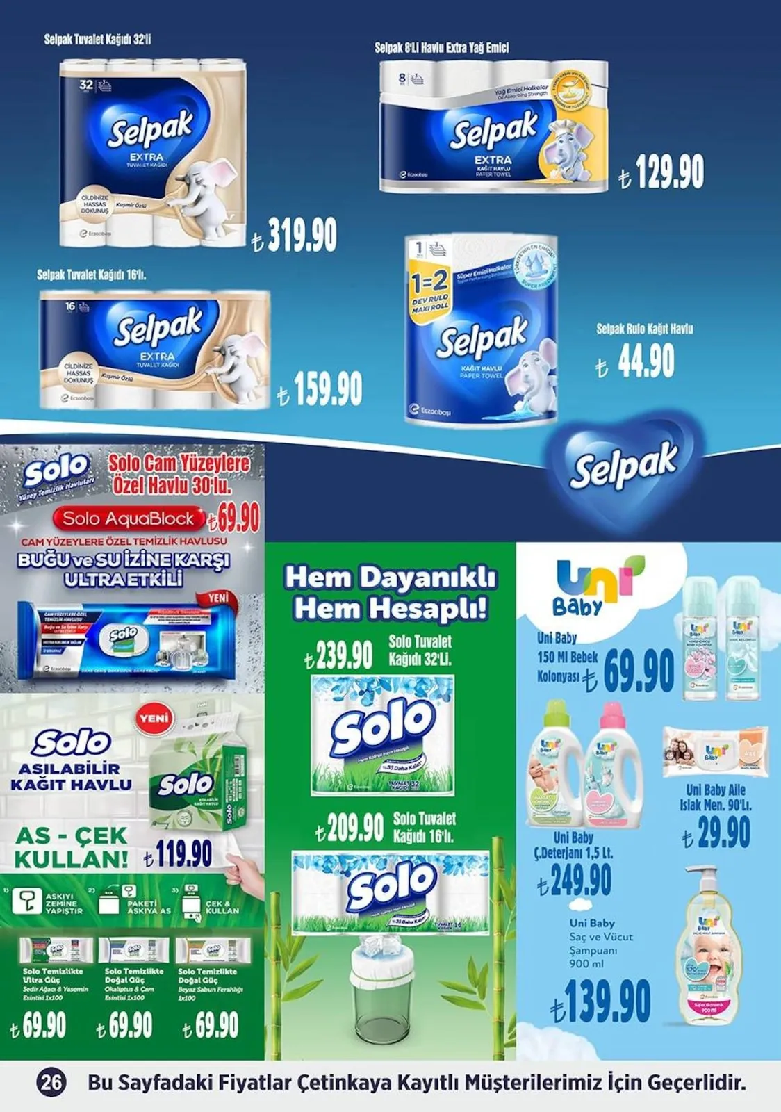 Çetinkaya Çetinkaya 15 Mart 2026 Aktüel Kataloğu sayfa 26: Selpak Tuvalet Kağıdı 32'Li, Uni Baby 150 Ml Bebek Kolonyası