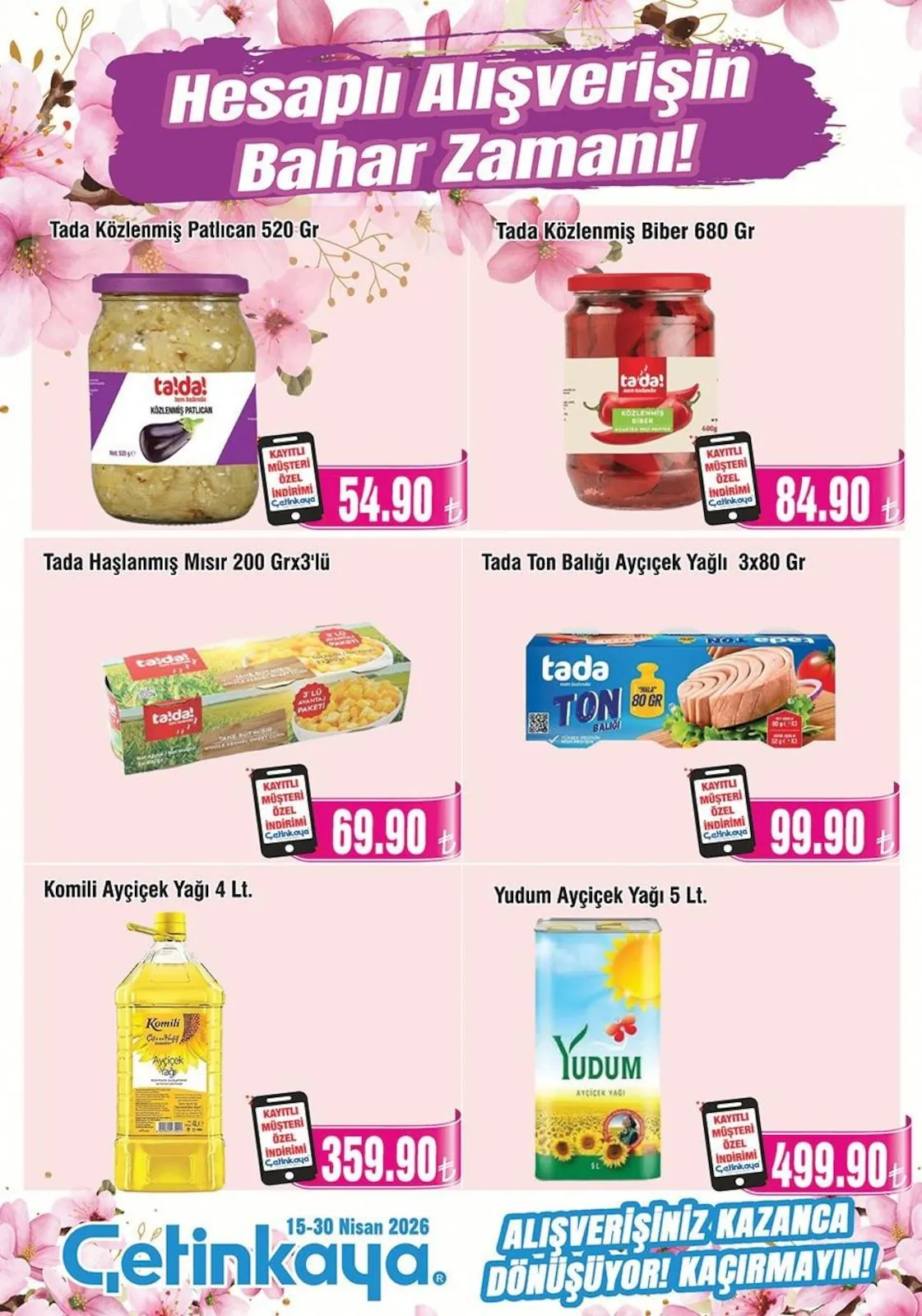 Çetinkaya Çetinkaya 15 Nisan 2026 Aktüel Kataloğu sayfa 14: Komili Ayçiçek Yağı 4 Lt., Yudum Ayçiçek Yağı 5 Lt.