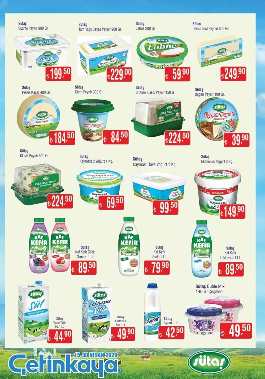 Çetinkaya Çetinkaya 15 Nisan 2026 Aktüel Kataloğu sayfa 2: Sütaş Üçgen Peynir 100 Gr., Sütaş 3 Dilim Klasik Peynir 450 G