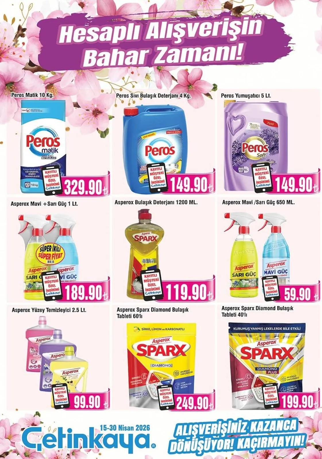 Çetinkaya Çetinkaya 15 Nisan 2026 Aktüel Kataloğu sayfa 20: Asperox Mavi / Sarı Güç 650 Ml., Peros Yumuşatıcı 5 Lt.