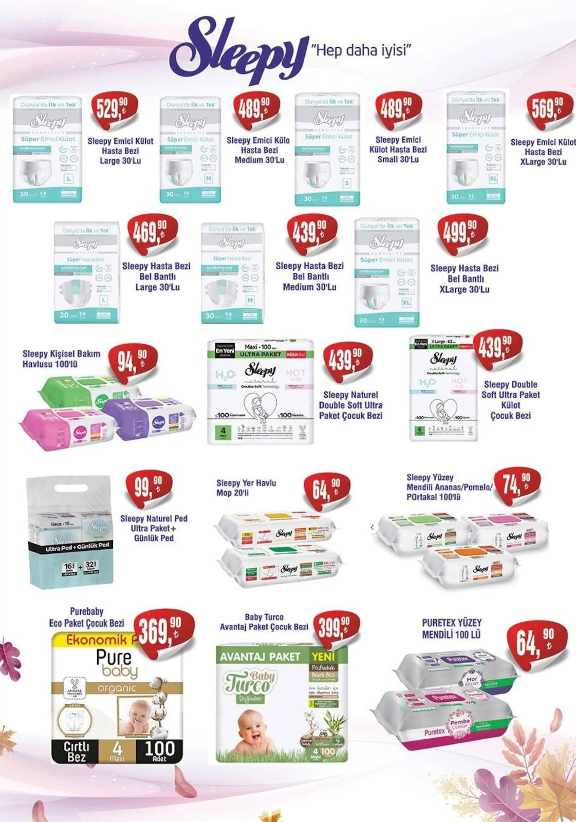 Çetinkaya Çetinkaya 15 Nisan 2026 Aktüel Kataloğu sayfa 23: Sleepy Naturel Ped Ultra Paket + Günlük Ped 16Lı + 32Lı, Sleepy Yüzey Mendili Ananas/Pomelo/Portakal 100Lü