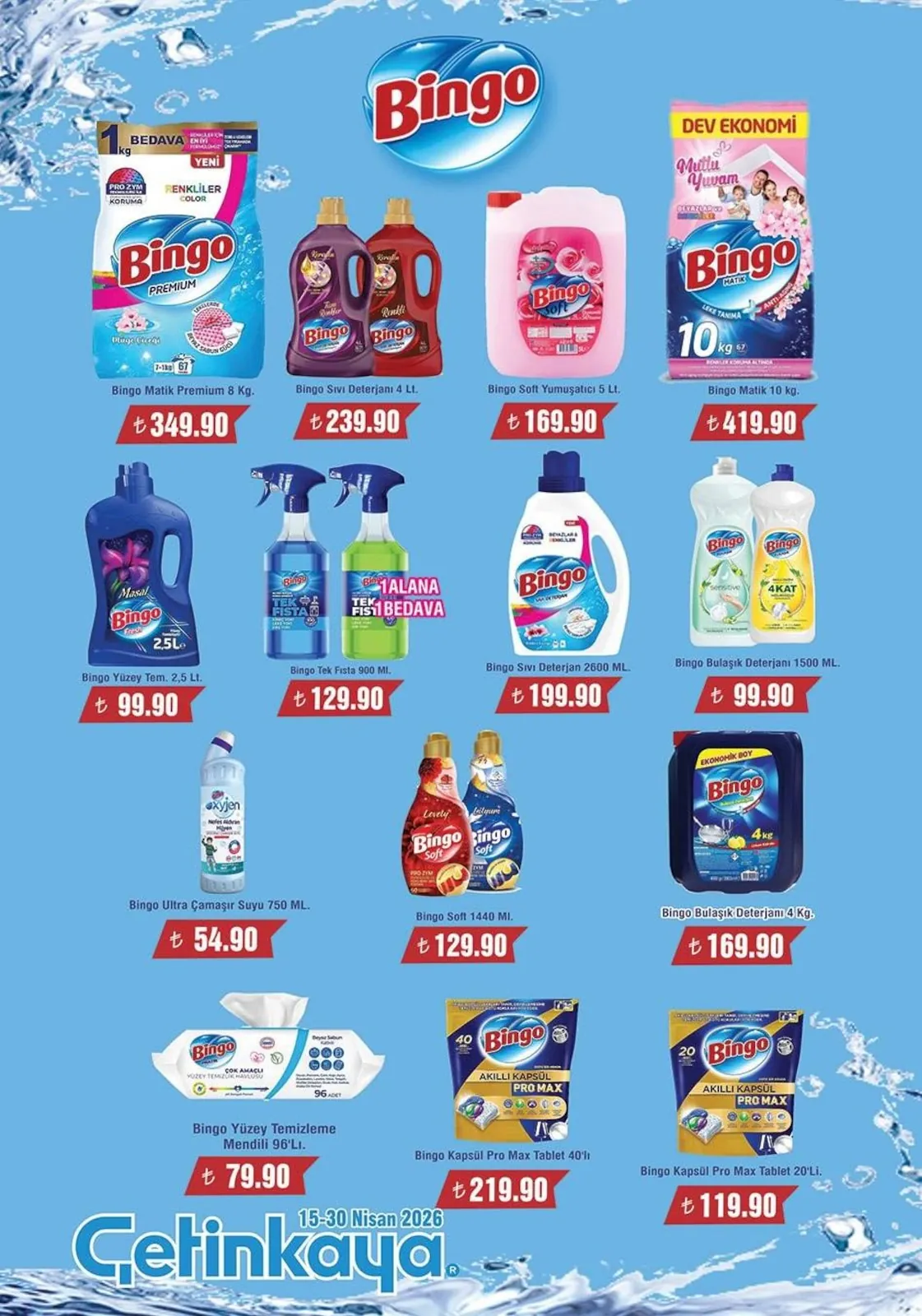 Çetinkaya Çetinkaya 15 Nisan 2026 Aktüel Kataloğu sayfa 28: Bingo Sıvı Deterjan 4 Lt., Bingo Tek Fısta 900 Ml.