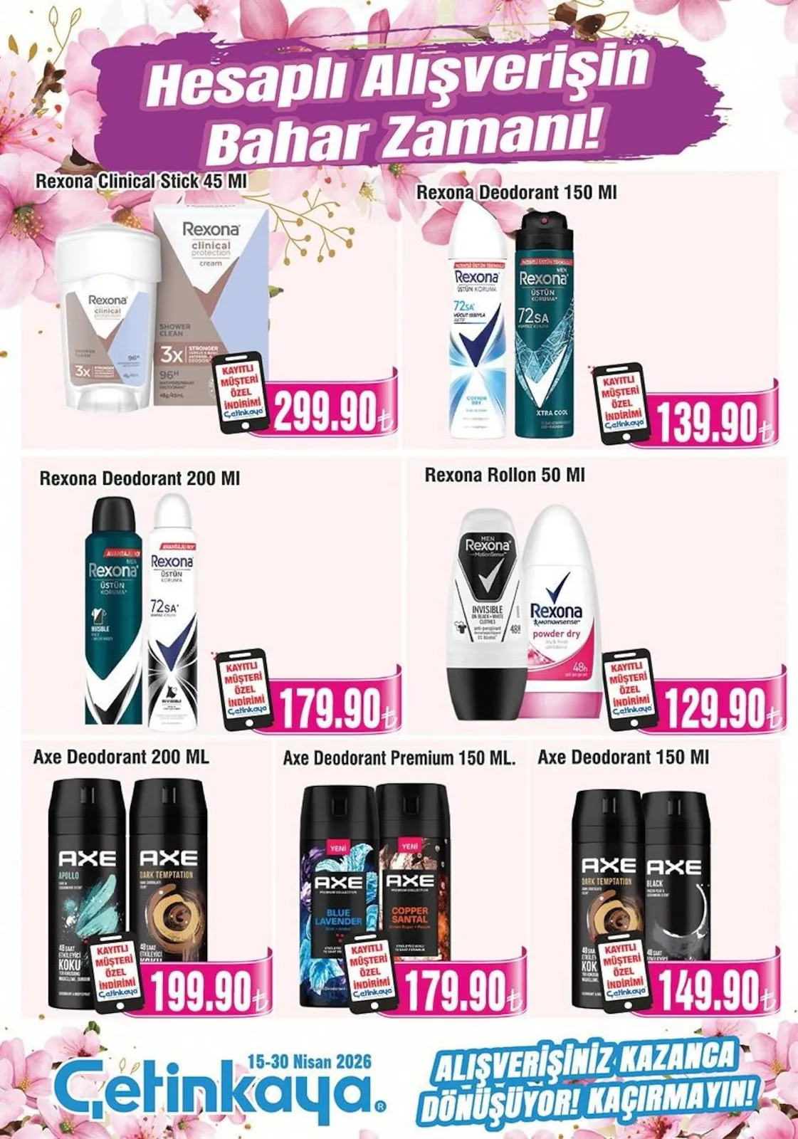 Çetinkaya Çetinkaya 15 Nisan 2026 Aktüel Kataloğu sayfa 33: Rexona Clinical Stick 45 Ml, Axe Deodorant 200 Ml