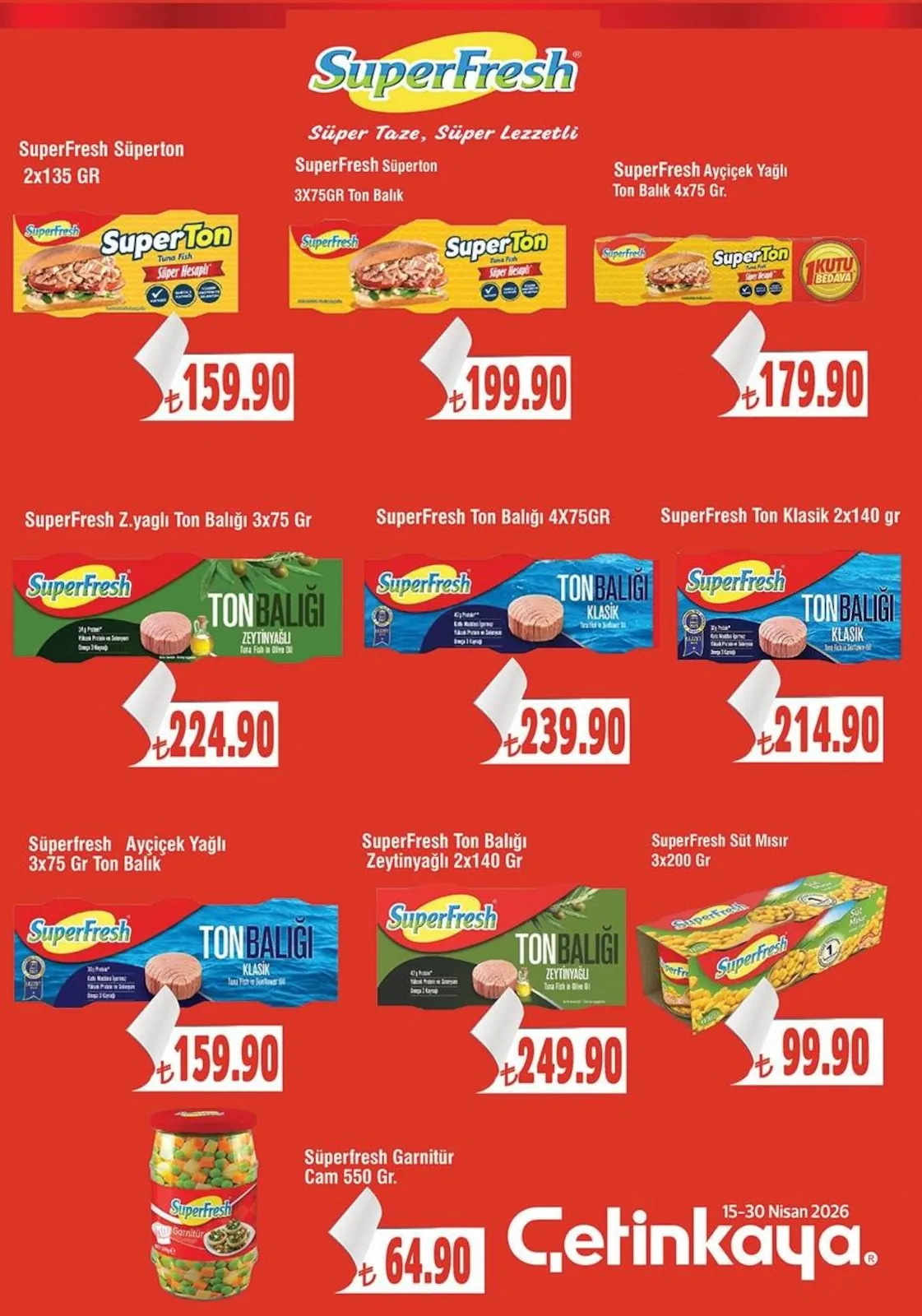 Çetinkaya Çetinkaya 15 Nisan 2026 Aktüel Kataloğu sayfa 8: Superfresh Süt Mısır 3X200 Gr