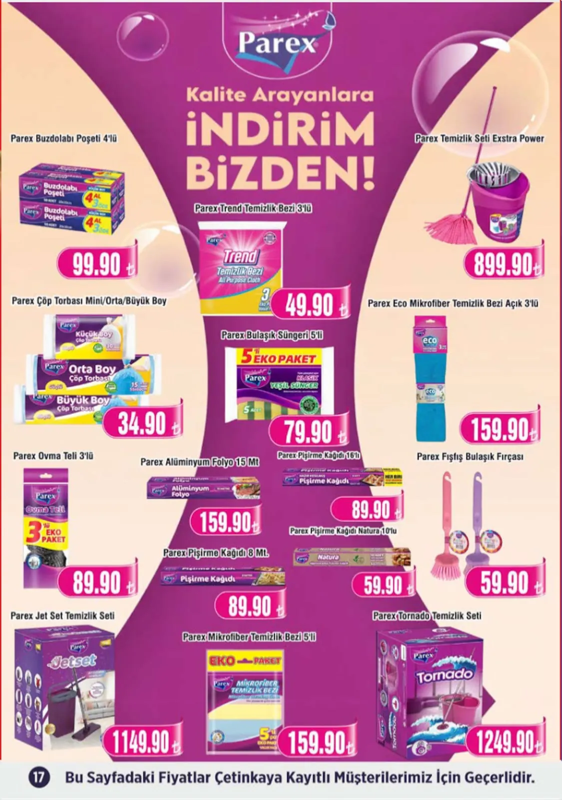Çetinkaya Çetinkaya 1 Mayıs 2026 Aktüel Kataloğu sayfa 17: Parex Çöp Torbası Mini/Orta/Büyük Boy, Parex Ovma Teli 3'Lü